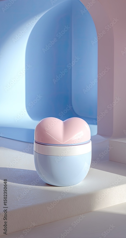 Fototapeta premium Light-filled, pastel-toned scene showcasing a heart-shaped cosmetic container. 