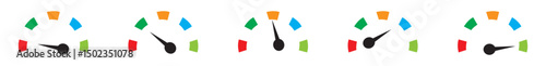 Set of speedometer, tachometer icons. Dashboard speedometer icons on colors. Vector illustration.
