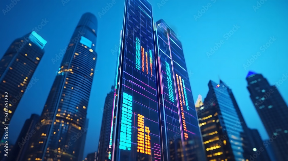 Obraz premium Data-centric skyline showcasing candlestick formations, Financial analysis interface floating above metropolitan structure