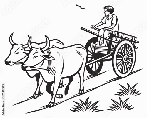 An Ox Cart Ride Rural Scene Traditional Transportation