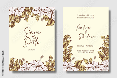 Hibiscus flower drawing, stylist and aesthetic wedding invitation design. Burnt Umber, Light Ivory, and Lavender Blush color theme