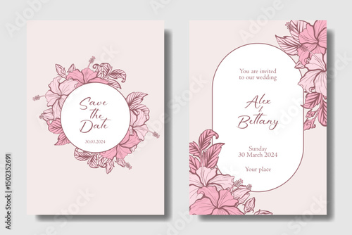 Hibiscus flower drawing, stylist and aesthetic wedding invitation design. Rosewood, Cotton Candy, and Rose Quartz color theme