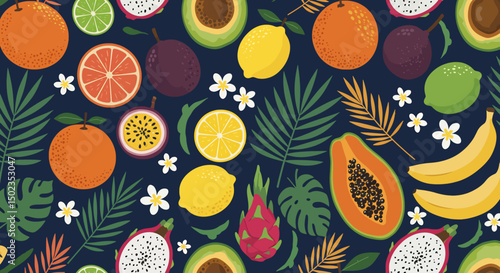 Vibrant seamless pattern with various tropical fruits and abstract leaves. Features pineapple, watermelon, avocado, and star fruit, and others. Perfect for summer designs