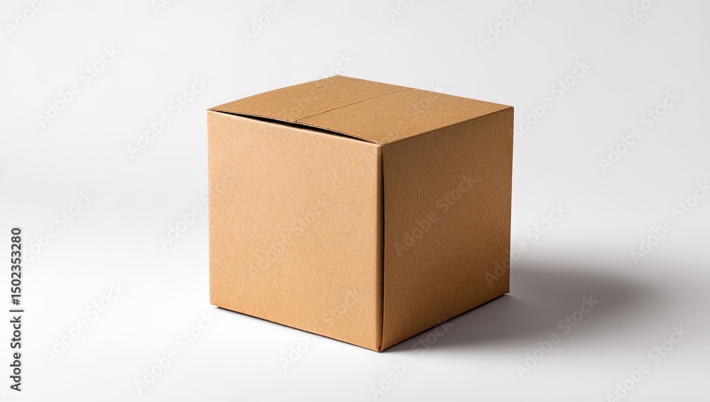 A plain, light brown cardboard box, square and closed, on a plain white background A plain, light brown cardboard box, square and closed, on a plain white background