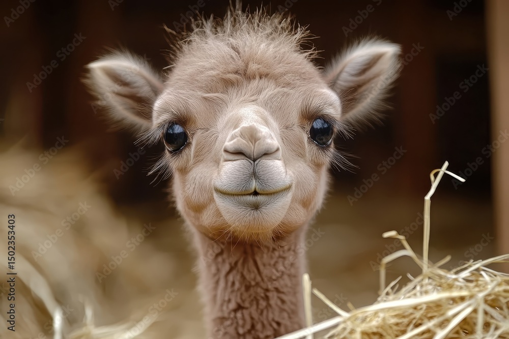 Fototapeta premium Cute baby camels enjoying fresh hay at the farm in the morning sunshine, Cute baby camels chewing the hale at the farm