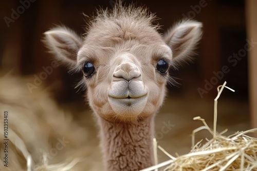 Cute baby camels enjoying fresh hay at the farm in the morning sunshine, Cute baby camels chewing the hale at the farm
