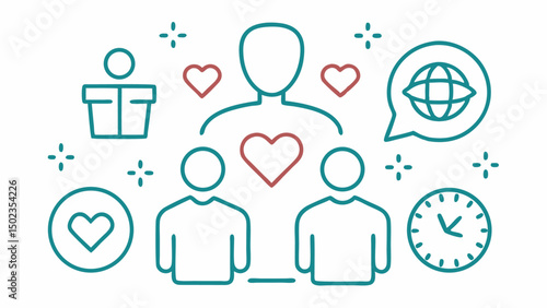 Editable Stroke Icons Representing Altruism and Charitable Actions Featuring Volunteering and Giving Symbols Perfect for Humanitarian Campaigns and Social Graphics