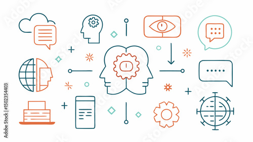Browse stylish AI stroke icon sets with representations of robotics and digital brain imagery suitable for smart tech app interfaces and futuristic content layouts