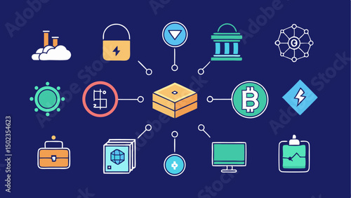 Blockchain stroke icon collection showcasing a variety of port-related symbols and illustrations for digital technologies