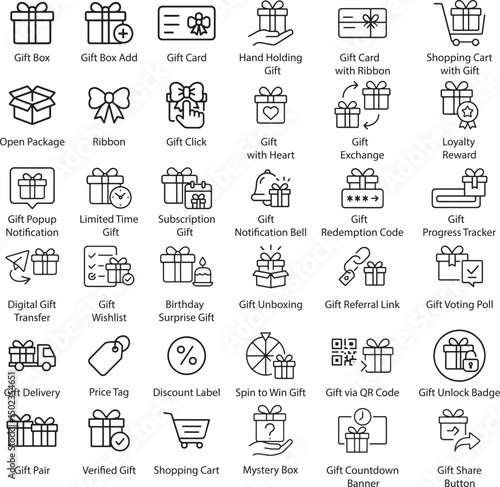 Gift Icons Vector Set, Outline Style, Isolated on White Background