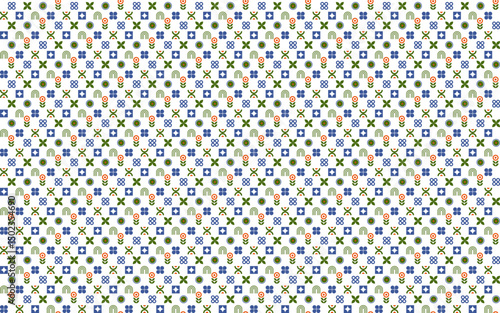 Seamless abstract pattern with small round flower and geometric element in green, blue and orange on white background. Vector illustration, for shirt dress baby child cloth textile table cover decor