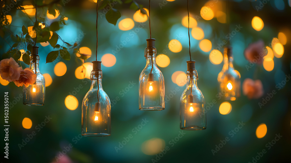 Romantic outdoor scene with string lights in glass bottles hanging from a tree branch at dusk. Soft bokeh background. Romantic outdoor scene with string lights in glass bottles hanging from a tree branch at dusk. Soft bokeh background.