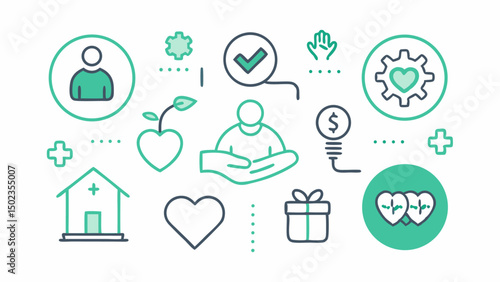Charity and donation stroke icons representing NGOs helping hands donation boxes and hearts great for nonprofit organizations and humanitarian design themes