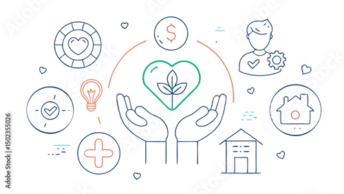 Stroke icon set focused on charity and donation featuring helpful symbols like donation jars community care and volunteer gestures perfect for social causes