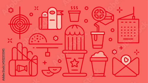 Stroke icons for cinema lovers featuring video cameras movie screens and film strip visuals ideal for digital movie promotions and film production design