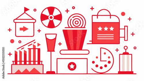 A cinema themed stroke icon collection including movie reels film tickets 3D glasses and popcorn symbols perfect for entertainment apps and movie websites