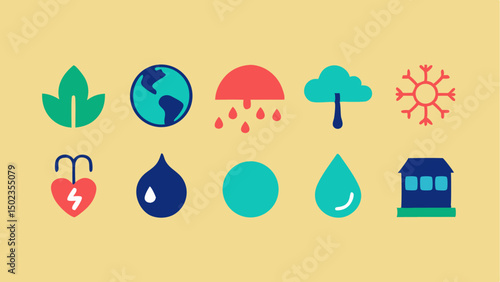 A collection of climate change stroke icons representing melting glaciers carbon emissions and recycling symbols for eco friendly branding and educational use