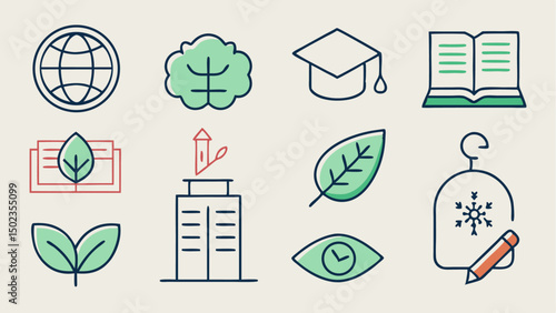 Educational stroke icon collection showcasing symbols related to science nature geography and learning tools perfect for school materials and e learning graphics