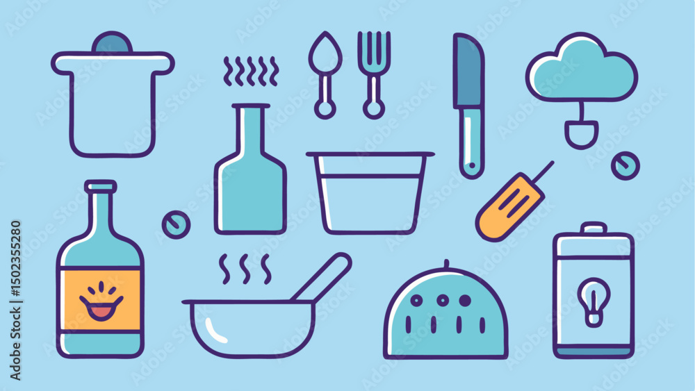 Cooking icon set with outline graphics of grilling, kitchen tools, and meal preparation visuals ideal for culinary blogs, restaurant branding, or home chef content. Cooking icon set with outline graphics of grilling, kitchen tools, and meal preparation visuals ideal for culinary blogs, restaurant branding, or home chef content.
