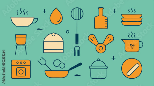 Cooking stroke icon collection featuring barbecue, utensils, and food prep line icons perfect for recipe sites, cooking apps, and food-themed design projects.