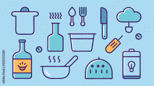 Cooking icon set with outline graphics of grilling, kitchen tools, and meal preparation visuals ideal for culinary blogs, restaurant branding, or home chef content.