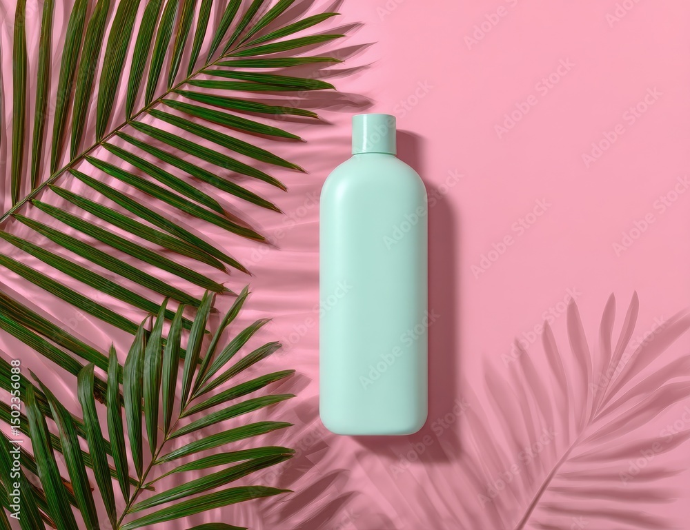 Mint-green bottle surrounded by tropical leaves on a pink background. A simple, stylish, and refreshing design concept Mint-green bottle surrounded by tropical leaves on a pink background. A simple, stylish, and refreshing design concept