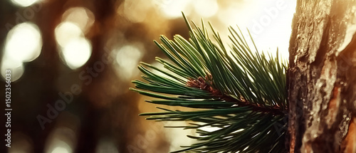 Close up detail of evergreen pine needles and tree bark with a warm blurred background creating a tranquil and natural composition.