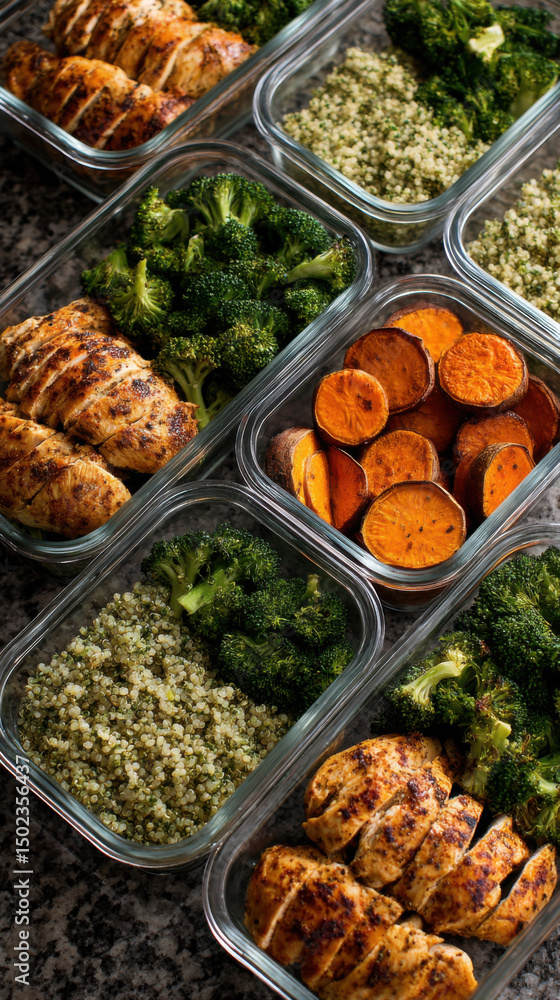 A grid of reusable meal prep containers filled with balanced dishes: quinoa, grilled chicken (inferred), broccoli, and sliced sweet potatoes, on a dark countertop. A grid of reusable meal prep containers filled with balanced dishes: quinoa, grilled chicken (inferred), broccoli, and sliced sweet potatoes, on a dark countertop.