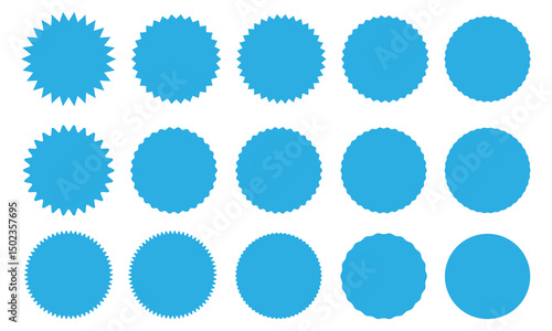 Sunburst sticker shapes. Rounded starburst zigzag badge, spiky oval, circle and star shaped price tag, discount and sale label stickers. Jagged silhouettes vector set. Eps 10.