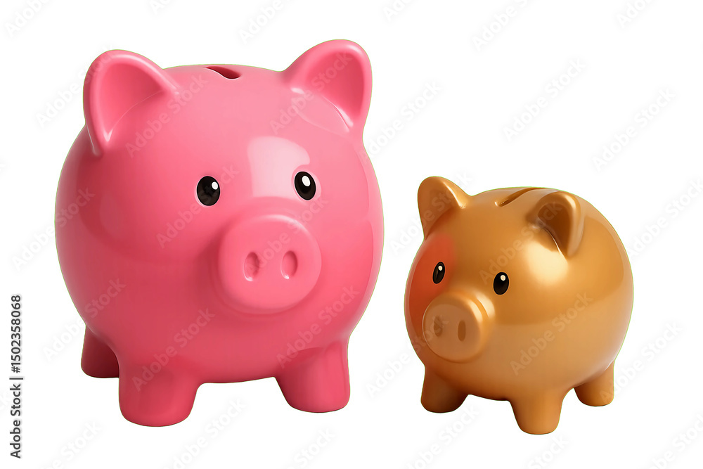 Adorable pink and gold piggy banks symbolize saving money, financial growth, and secure investments for future prosperity .(PNG/White Background) Adorable pink and gold piggy banks symbolize saving money, financial growth, and secure investments for future prosperity .(PNG/White Background)