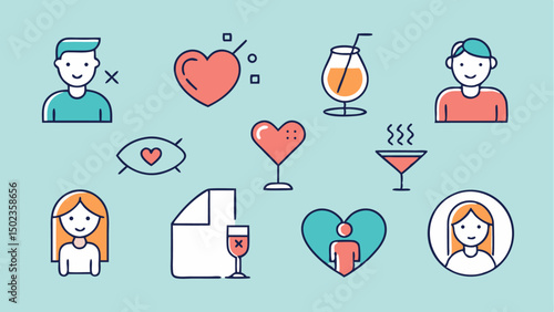 Modern stroke icon set focused on dating app visuals including hearts, messages, profiles, and romantic interactions for social connection and matchmaking apps