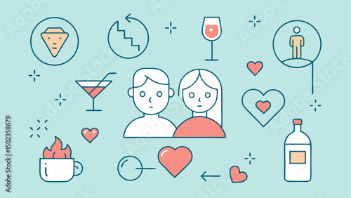 Dating app stroke icon set with user profile visuals, match interaction symbols, and romantic elements for modern social and relationship tools