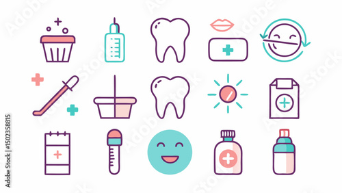 Oral care stroke icon set highlighting toothbrushes, toothpaste, and hygiene tools for dentist websites, medical brochures, and dental awareness campaigns