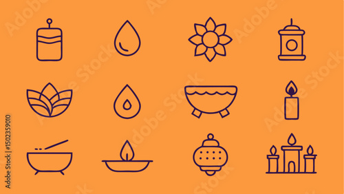 Diwali stroke icons capturing lights, celebration items, and festive moods, perfect for seasonal marketing visuals, cultural events, and Diwali-themed content creation
