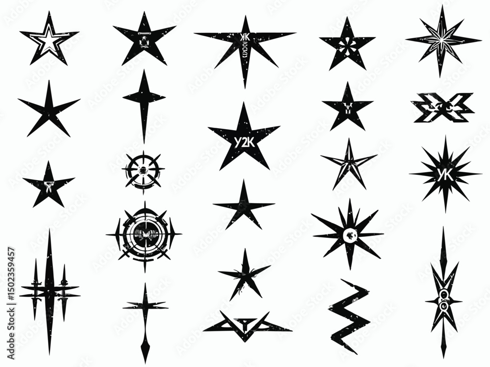 Diverse Collection of Black Grunge Star and Geometric Shapes on White Background Diverse Collection of Black Grunge Star and Geometric Shapes on White Background