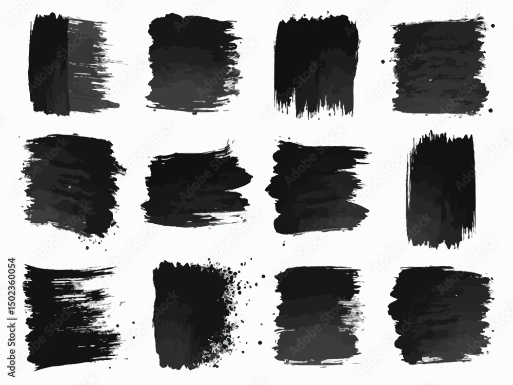 Fototapeta premium Twelve grunge black brush stroke shapes set on a clean white background.