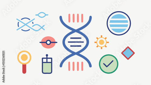 Editable stroke icons on genetics for healthcare, biology, and science visuals including DNA helix, molecules, and lab tools for modern medical projects.