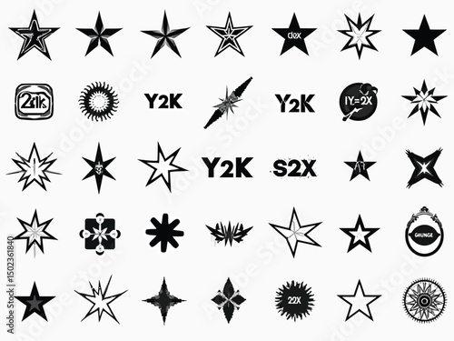 Diverse Collection of Y2K Inspired Star Graphics and Abstract Shapes for Design