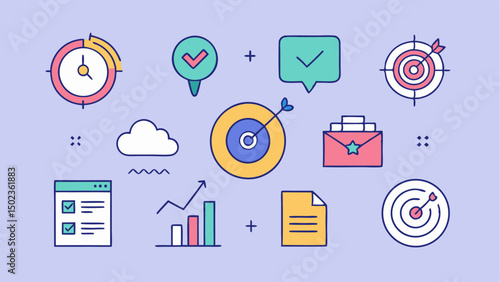 Business planning and goal setting stroke icons featuring strategy maps, tasks, and performance trackers for entrepreneurs and productivity content creators.