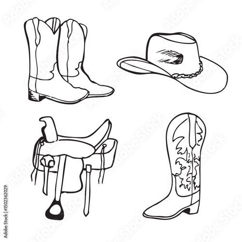 Hand drawn western vector doodles. Line art illustrations with wild west atmosphere, cowboy  and cowgirl boots, hat and leather saddle