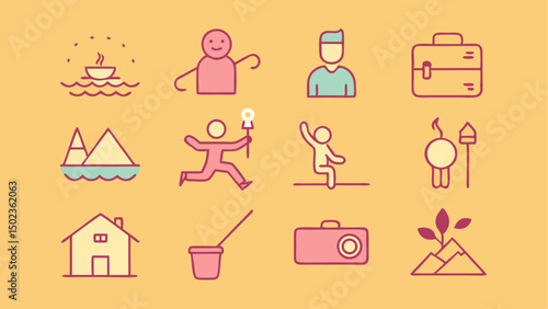 Creative hobby icon set with editable strokes illustrating painting photography music and leisure activities perfect for lifestyle blogs and artistic apps