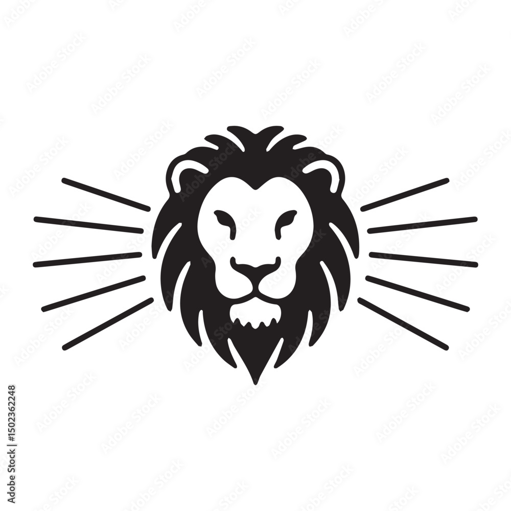 Obraz premium Minimalist Lion Face Tattoo Design with Parallel Horizontal Line Accents in Thin Black on White Background.