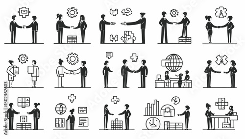 Business partnership icons symbolizing collaboration, deal negotiation, and strategic alliance in a vector format.