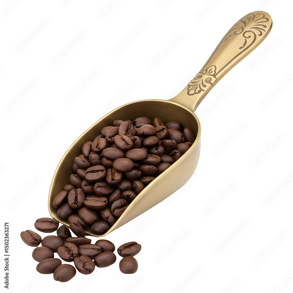 Fototapeta premium Ornate Brass Scoop Overflowing with Roasted Coffee Beans