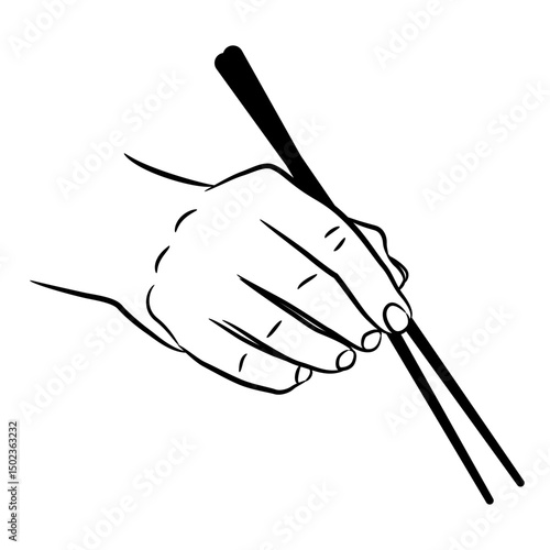Human hand holding chopsticks. Black and white linear silhouette. Cartoon style. Isolated vector illustration.