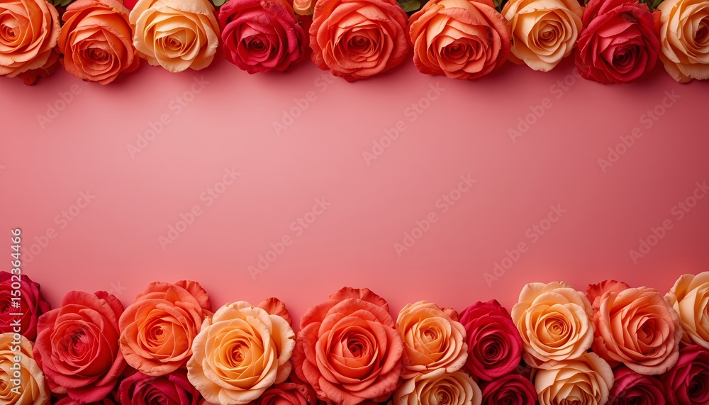 Beautiful arrangement of various colored roses creating an elegant floral border on a soft pink background Beautiful arrangement of various colored roses creating an elegant floral border on a soft pink background