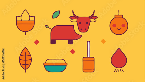 Pongal Icons Featuring Traditional Elements like Cow, Pongal Pot, and Sweets for Festival Designs