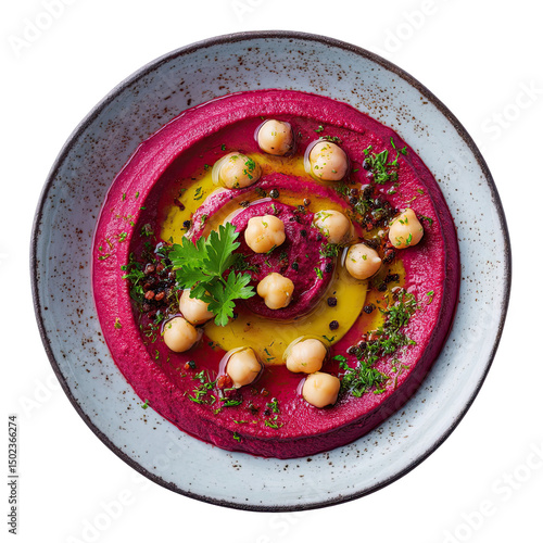 A top view of a plate of beet hummus with chickpeas parsley and oil on a speckled gray plate