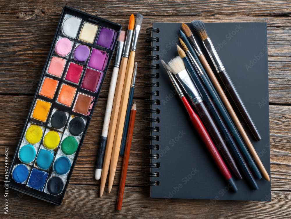 Naklejka premium Neatly arranged art supplies including watercolor palette, brushes, sketchbook, and colored pencils on a textured wooden background, premium soft studio lighting.