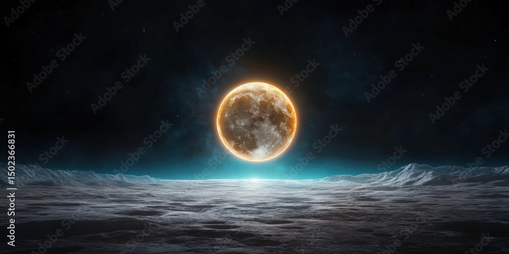 Fototapeta premium A stunning panoramic lunar landscape with Earth's glow reflected on water.